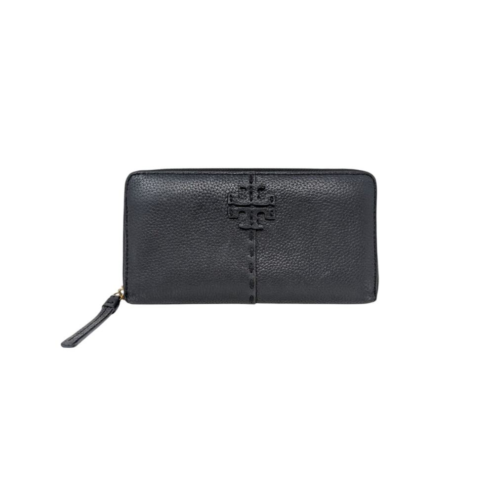 Tory Burch Black Leather Zip Around Wallet Pebbled Logo Continental
